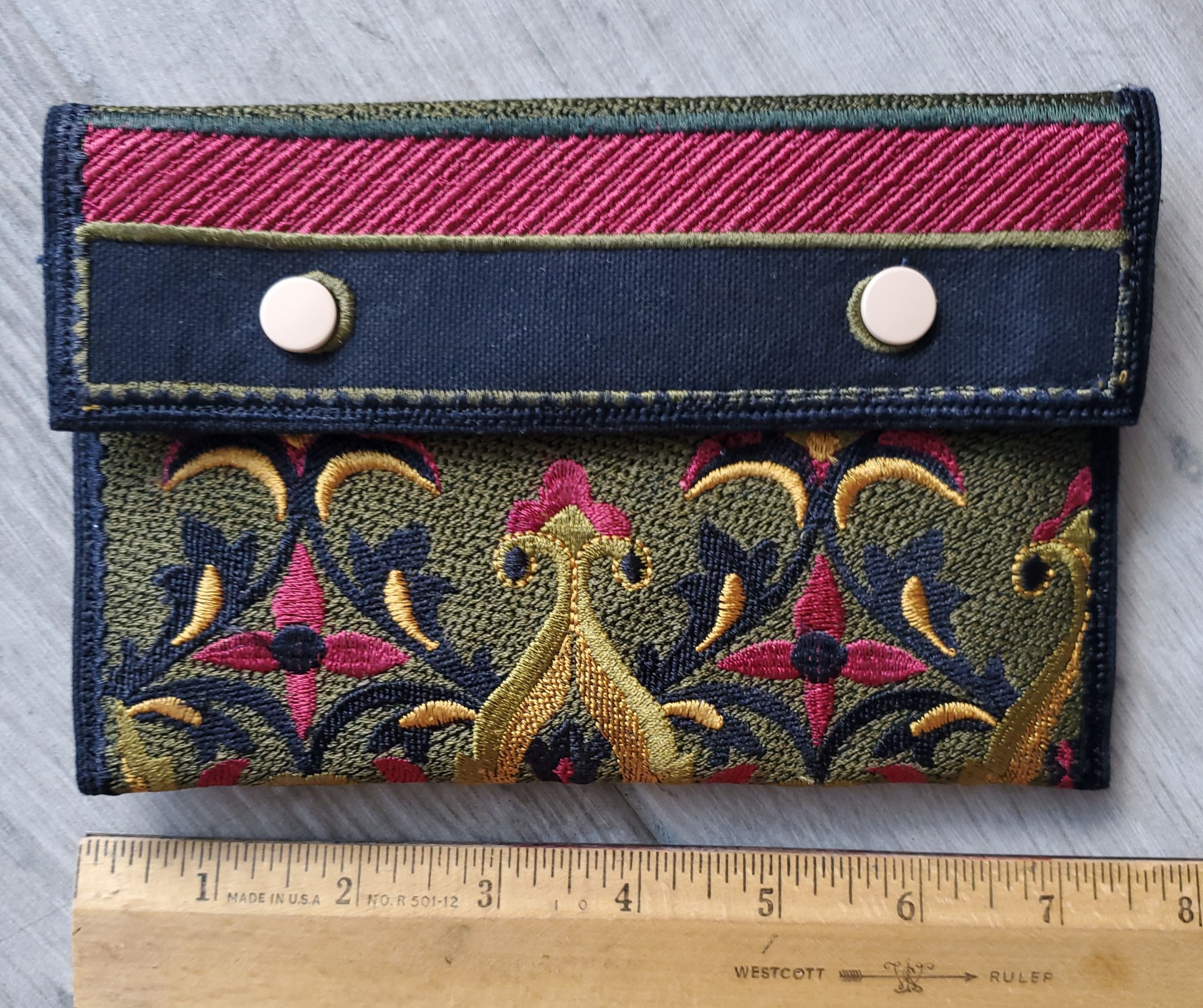 large-tapestry-embroidered-wallet-mustard-burgundy-front-Jen's-Bag-embroidered-bag